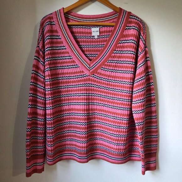 EUC LIKE NEW NIC + ZOE STRIPED V NECK COTTON BLEND SWEATER SIZE XL - Picture 1 of 15